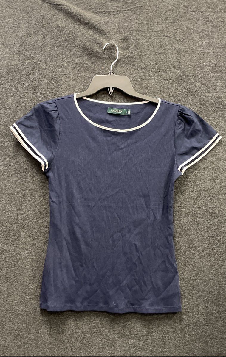 Lauren Ralph Lauren Women's Navy Blue Puff Sleeve Striped Cuff Cotton Top Sz L