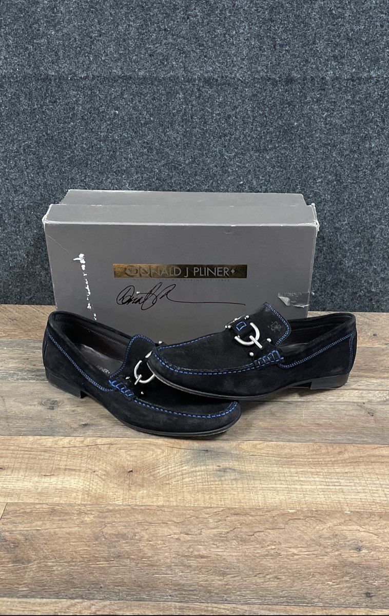 Donald J Pliner Dacio Black Suede Blue Stitching Bit Loafers Men's Size 7 M