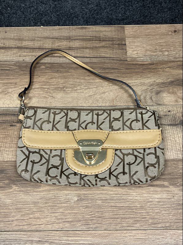 Calvin Klein Beige Brown Monogram Logo Small Shoulder Bag Wristlet Gold Hardware