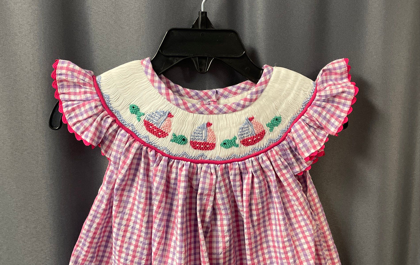 Babeeni Baby Girls Pink Purple Gingham Smocked Sailboat Dress NWT 6M