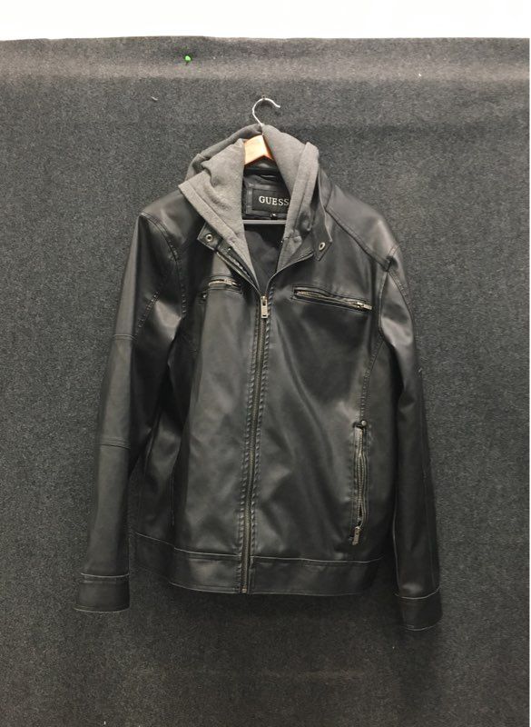 Guess Men's Black Faux Leather Jacket Layered Look Jersey Hood Moto Size XL