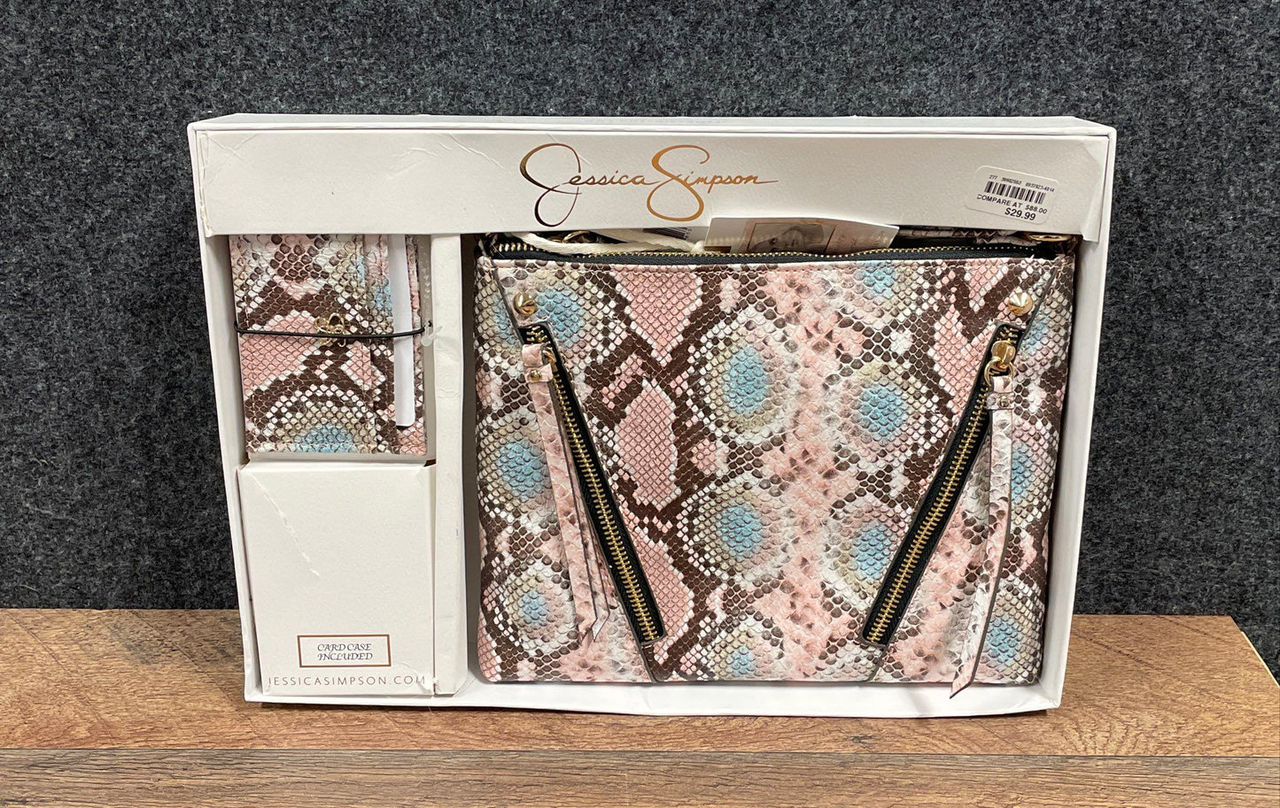 NWT Jessica Simpson Pink Blue Snakeskin Clutch Pouch & Card Case Wallet Set
