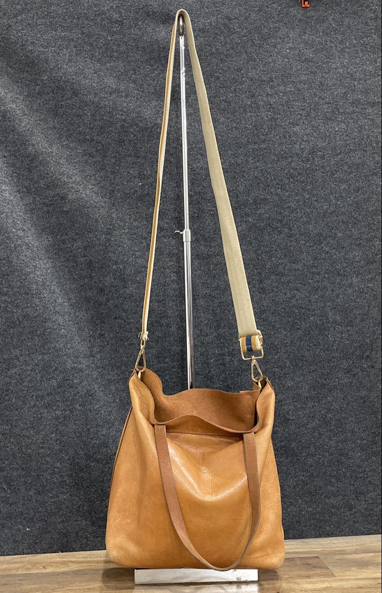 Madewell Brown Leather Slouchy Tote Hobo Shoulder Bag Striped Webbing Strap