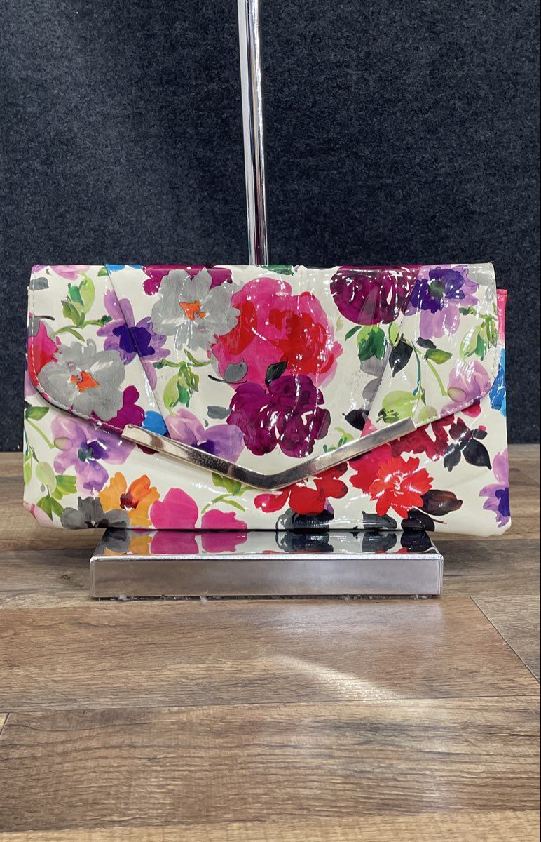 Kelly & Katie White Floral Glossy Latex Envelope Clutch Handbag Gold Trim