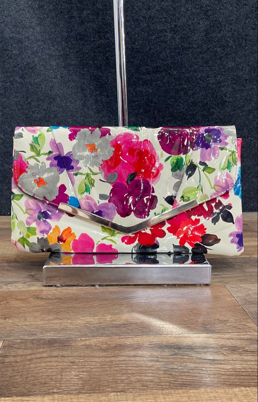 Kelly & Katie White Floral Glossy Latex Envelope Clutch Handbag Gold Trim