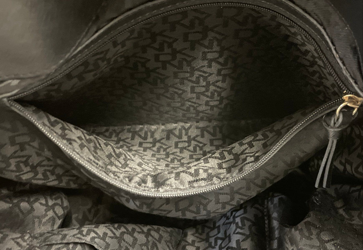 DKNY Black Monogram Logo Jacquard Tote Bag Large Silver Hardware