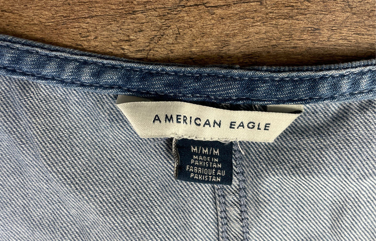 American Eagle Women's Chambray Button Up Dress Blue Ruffle Sz M