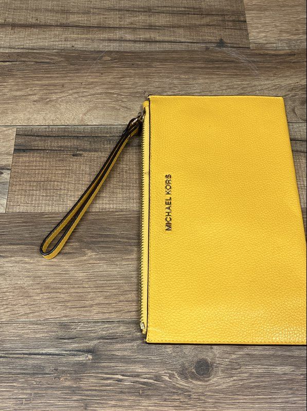 Michael Kors Yellow Pebbled Leather Large Wristlet Pouch Gold Hardware