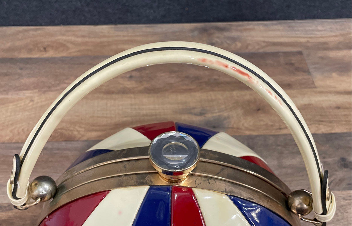Red White Blue Striped Latex Ball Shaped Purse Sphere Bag Gold Tone Hardware
