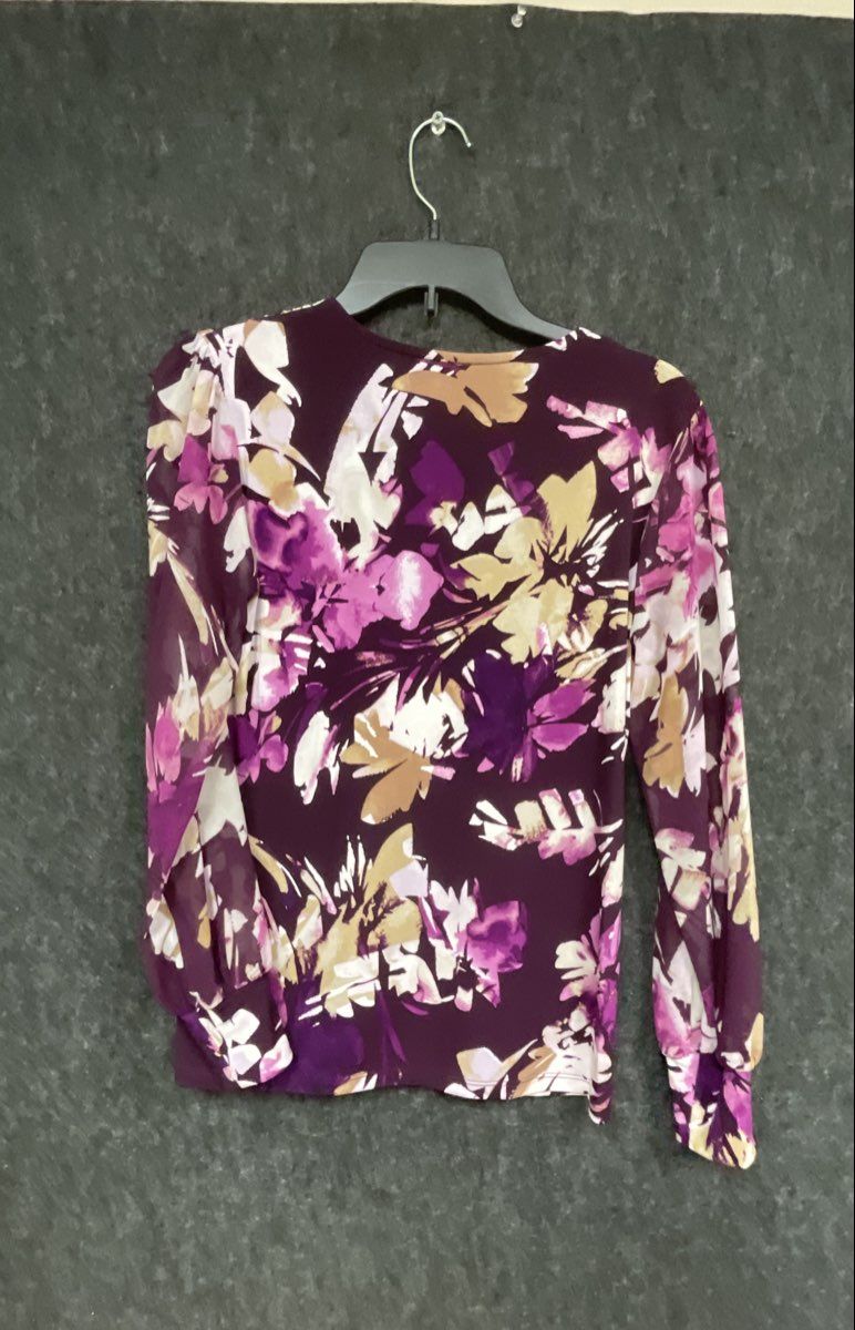 Calvin Klein Women's Purple Floral V-Neck Sheer Long Sleeve Blouse Top Sz XS