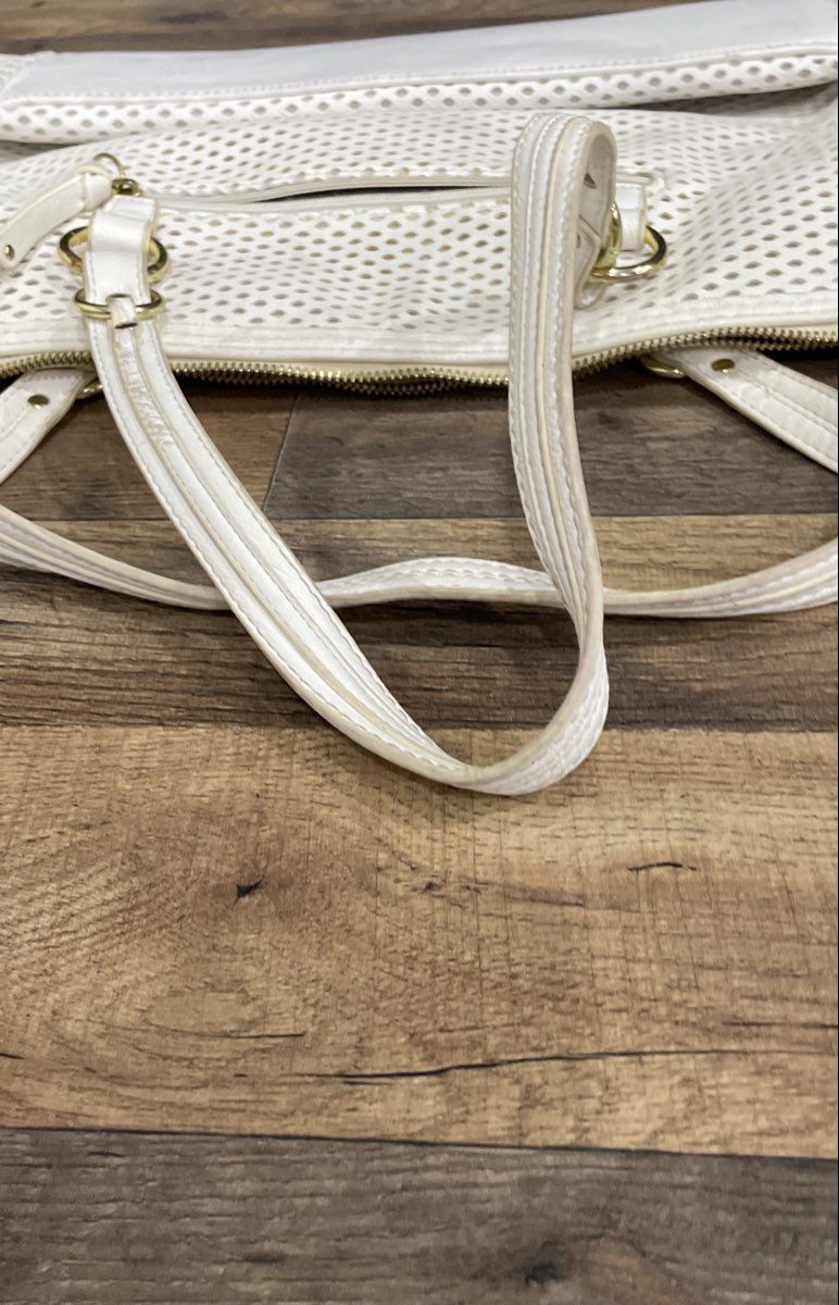 Olivia + Joy White Perforated Laser Cut Tote Shoulder Bag Gold Hardware