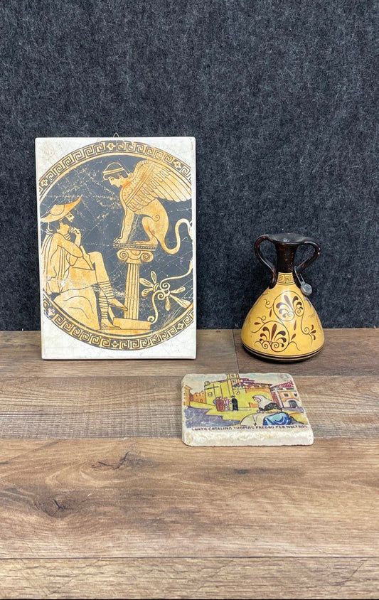 Vintage Greek Pottery Lot Oedipus Sphinx Plaque Hand Painted Vase + Art Tile