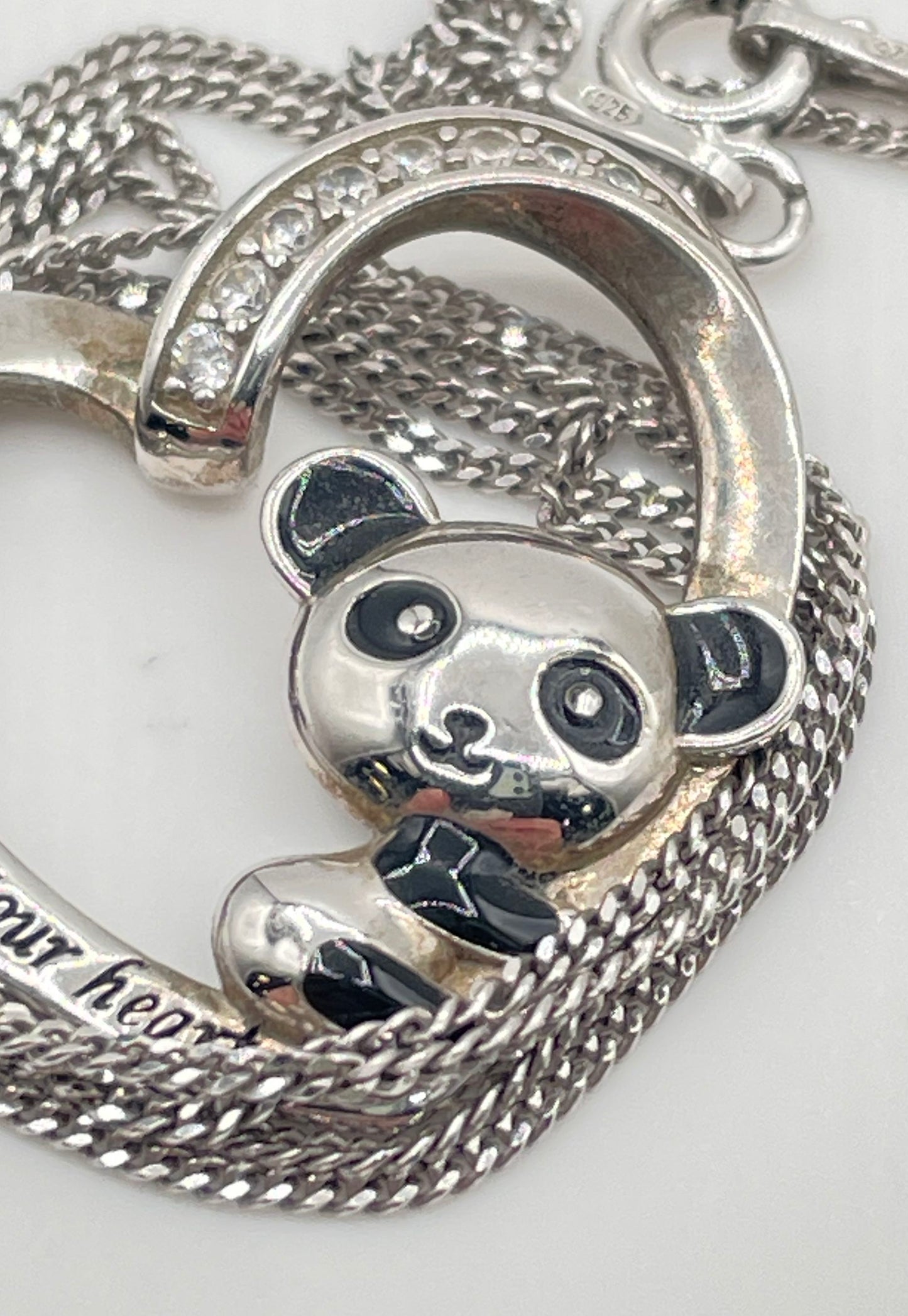 925 Sterling Silver Panda Heart w/ CZ Accents Pendant Necklace 4.3g
