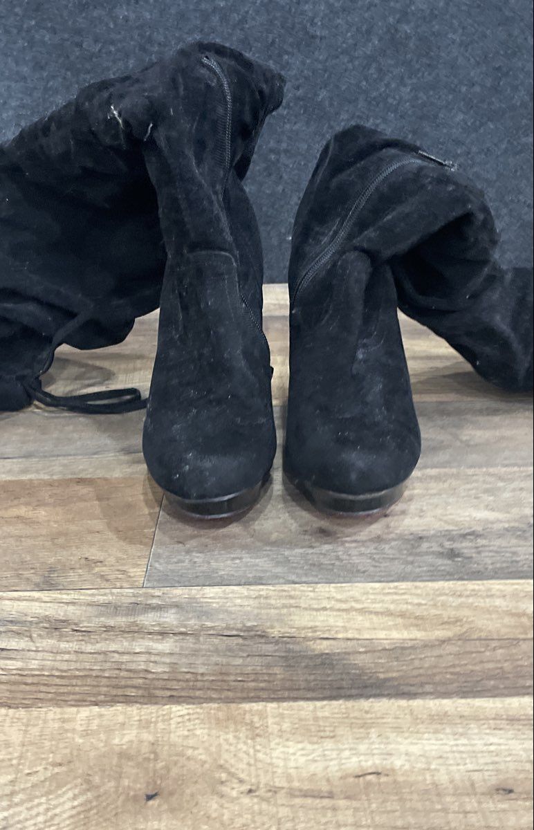 Ami Clubwear Black Faux Suede Platform Stiletto Over The Knee Boots Size 6.5