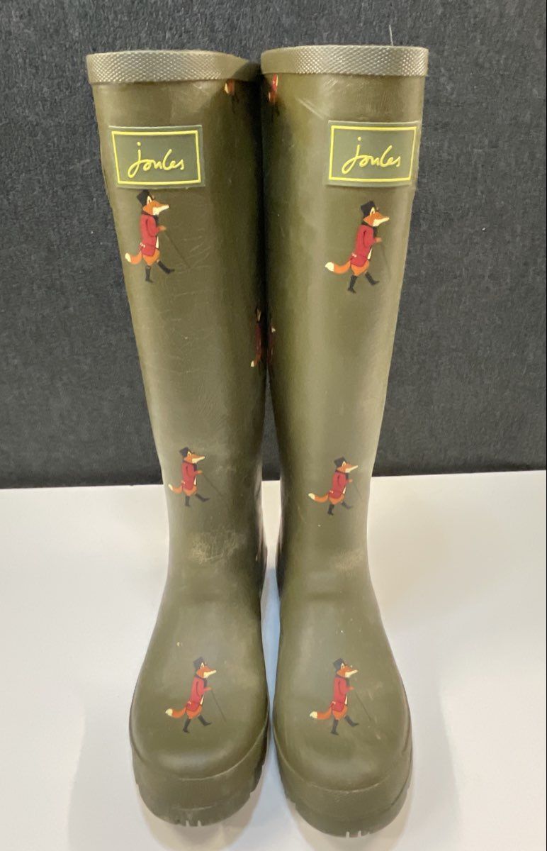 Joules Olive Green Mr Fox Print Tall Rubber Rain Boots Wellies Size 8