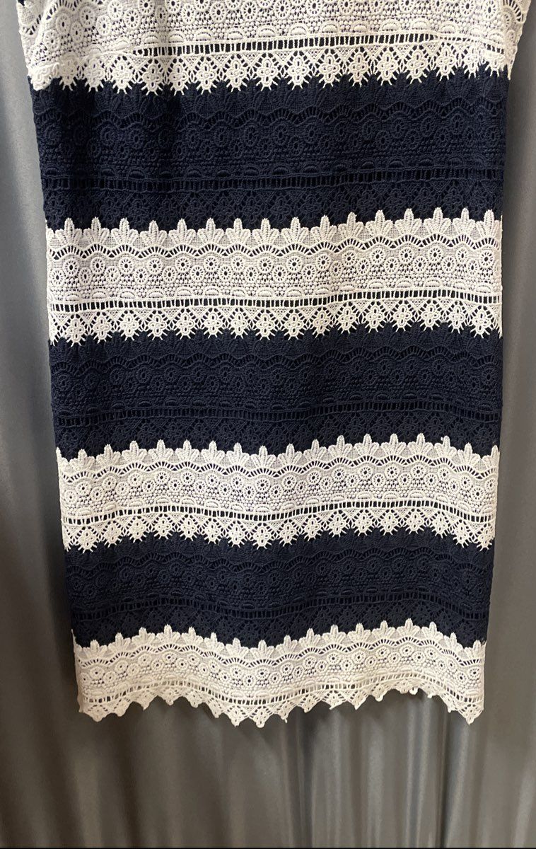 Karl Lagerfeld Paris Women's Navy Blue White Striped Lace Crochet Dress Sz 10