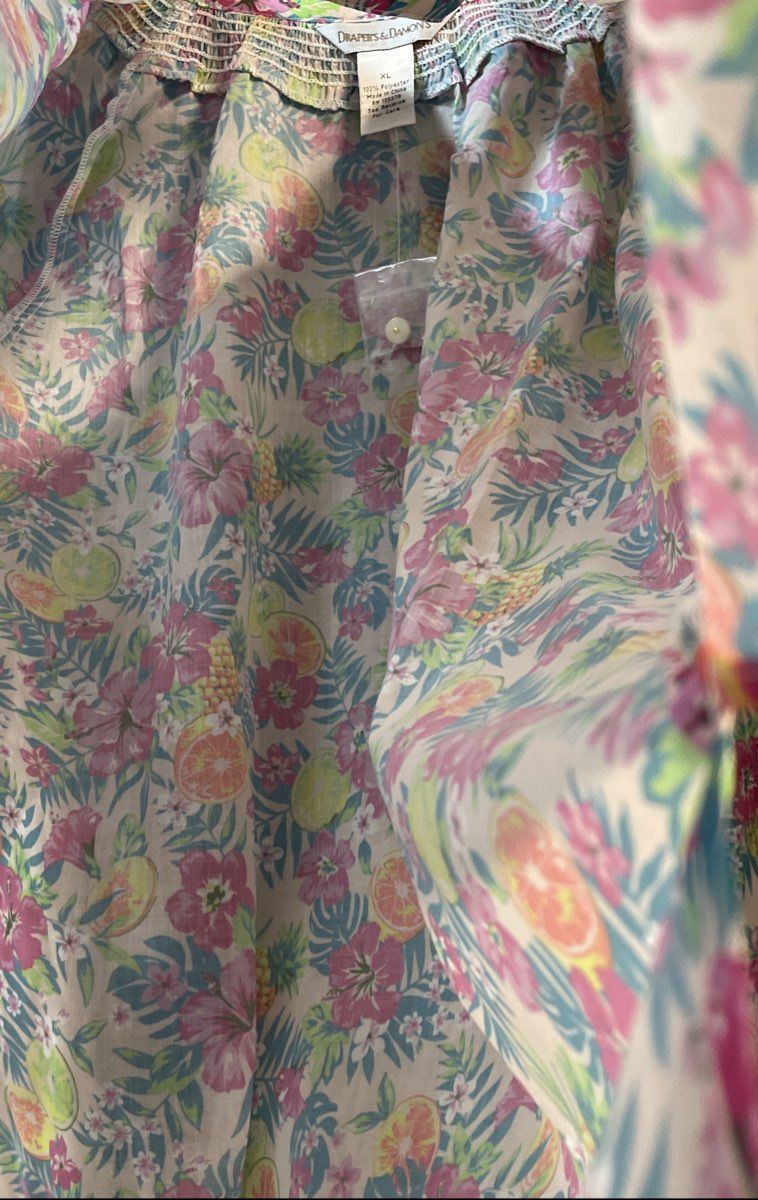 Draper's & Damon's Women's Multicolor Tropical Fruit Print Smocked Blouse Sz XL