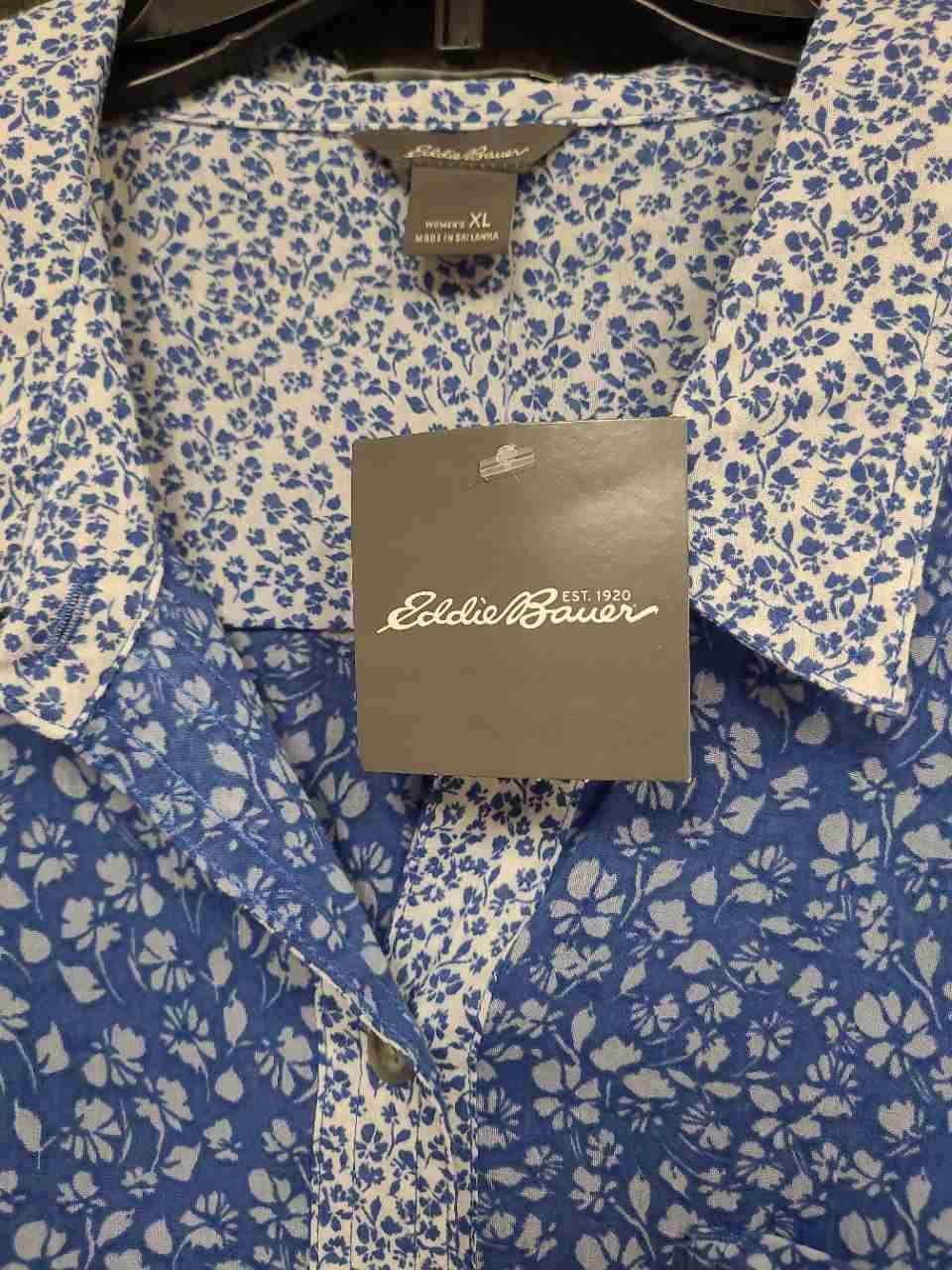 Eddie Bauer Women's Blue White Floral Cotton Button Down Shirt XL NWT