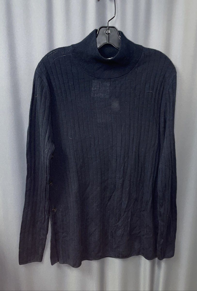 Zara Women's Dark Blue Ribbed Mock Neck Wool Blend Side Button Sweater XL NWT