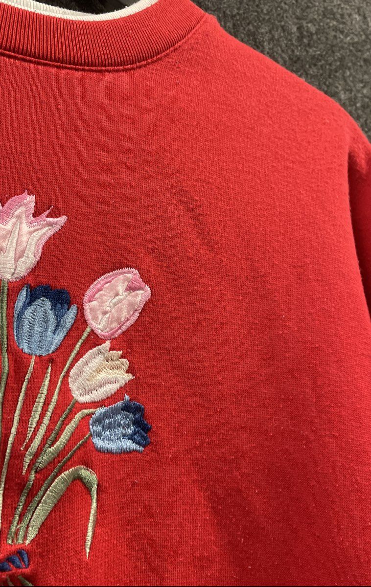 Vintage 90s Bolo Spirit Women's Red Pullover Sweatshirt Tulip Embroidered Sz M