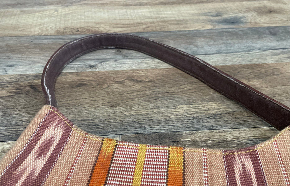 Vintage Guatemala Brown Patterned Fabric Leather Trim Shoulder Bag Purse