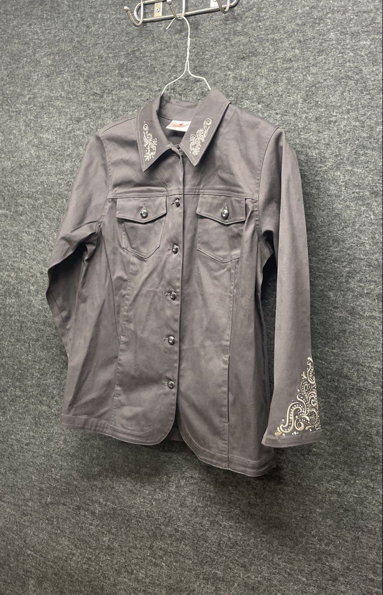 Quacker Factory Women's Gray Rhinestone Embroidered Button Front Jacket Sz S