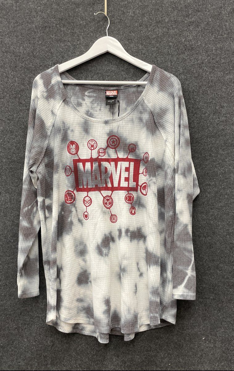 Torrid Women's Marvel Logo Waffle Raglan Shirt Gray Tie Dye Plus Size NWT 3X