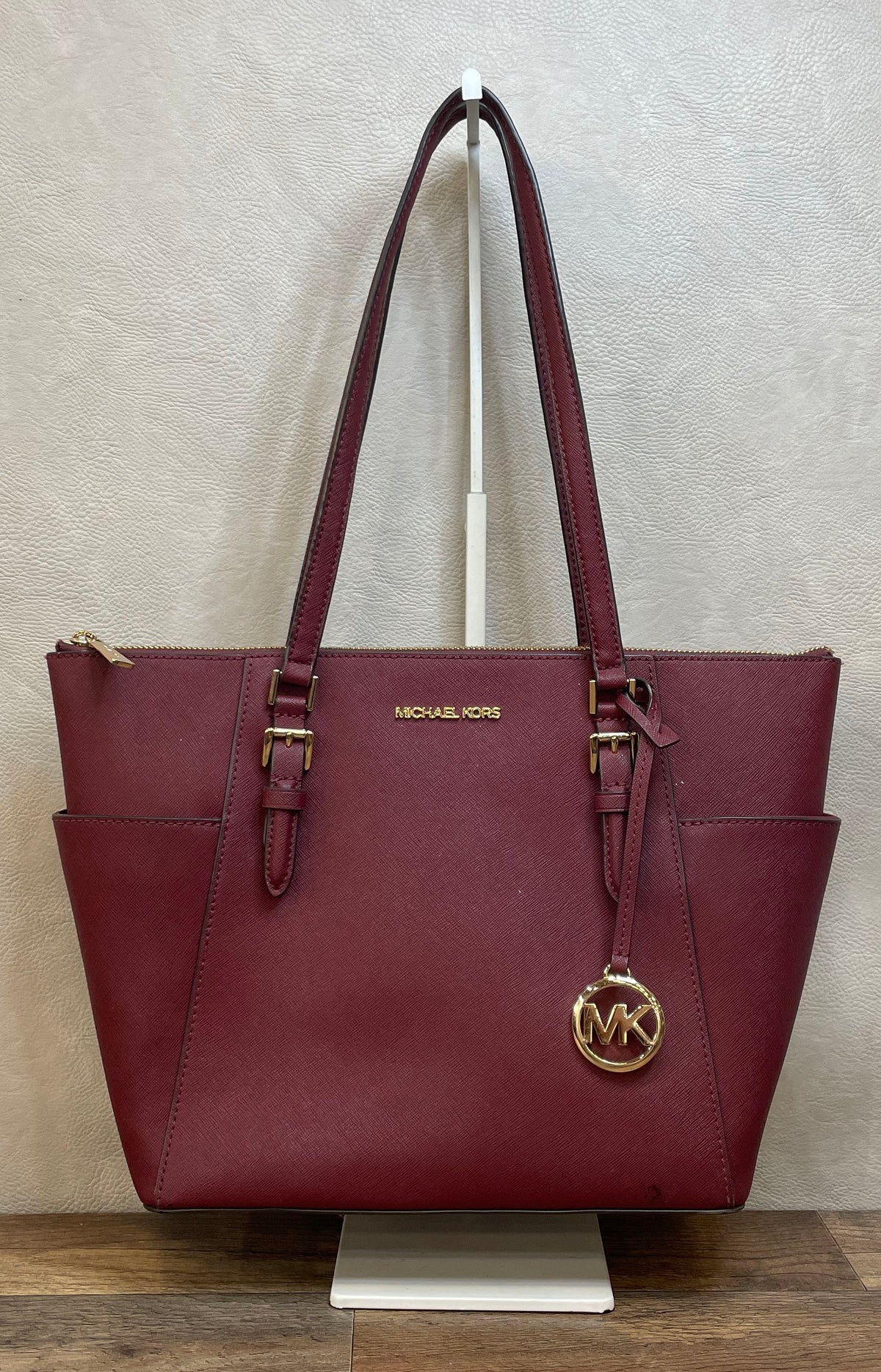 Michael Kors Burgundy Charlotte Saffiano Leather Top Zip Tote Gold Hardware