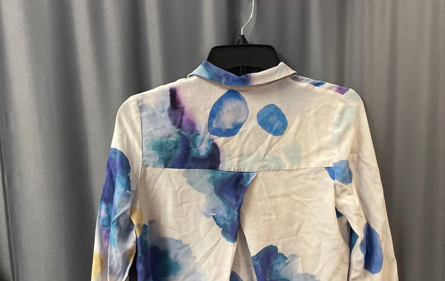 Cacharel Women's White Multicolor Silk Watercolor Abstract Blouse Shirt Sz 36