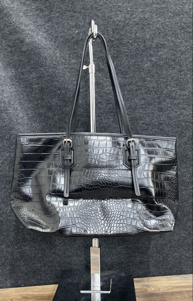 Dana Buchman Black Croc Embossed Leather Tote Shoulder Bag Zebra Print Lining