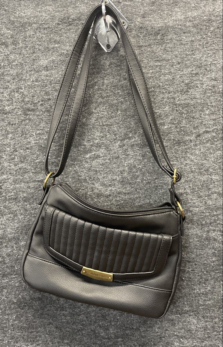 Rosetti Black Faux Leather Pleated Front Flap Crossbody Bag Bronze Hardware