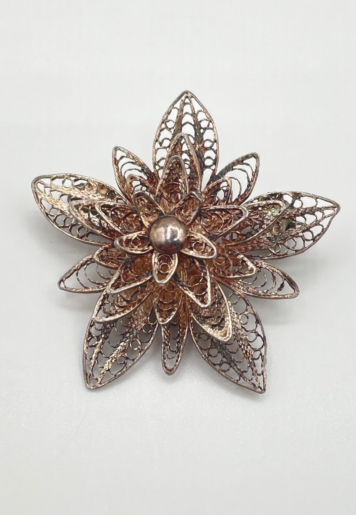 925 Sterling Silver Multi-Layered Openwork Filigree Flower Brooch Pin 3.9g