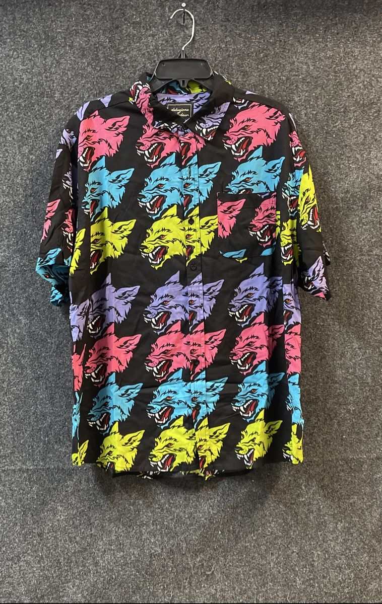 Delusions of Grandeur Wolf All Over Print AOP Rayon Button Up Shirt Sz L