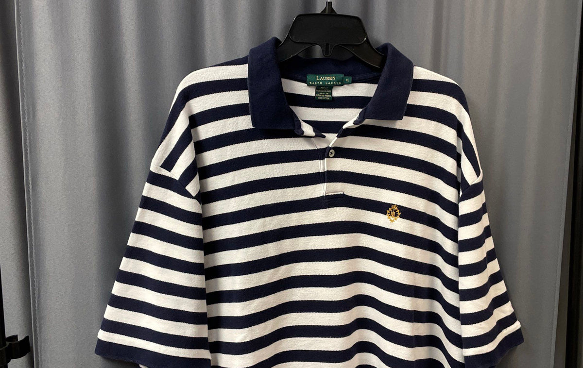 Lauren Ralph Lauren Women's Blue White Nautical Stripe Crest Polo Shirt Sz XL