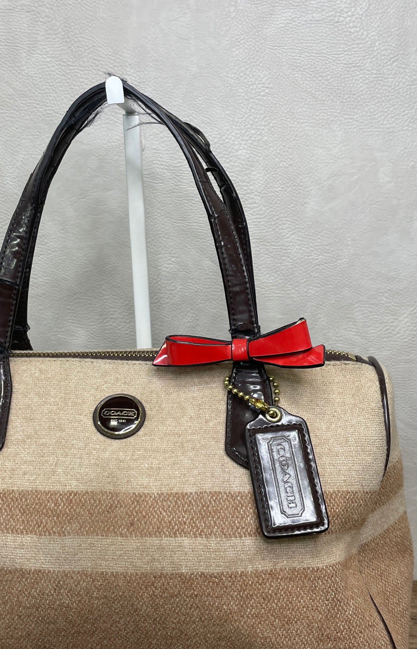 Coach Taylor Stripe Tan Canvas Satchel Handbag Brown Patent Trim Red Bow