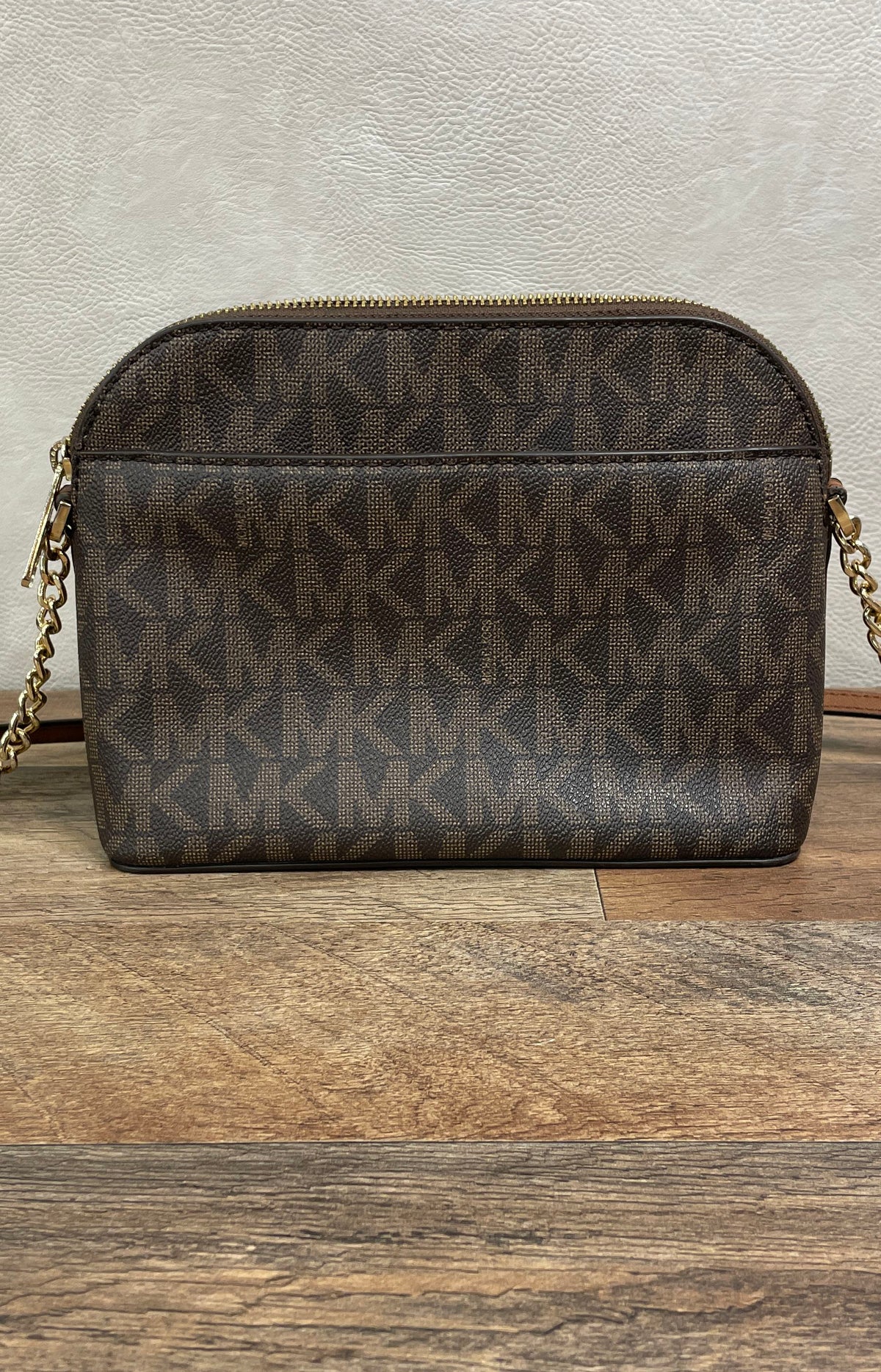 Michael Kors Brown Jet Set Travel Logo Dome Crossbody Bag Gold Hardware