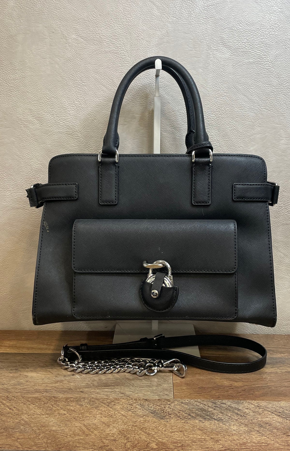Michael Kors Black Saffiano Leather Hamilton Satchel Handbag Silver Hardware