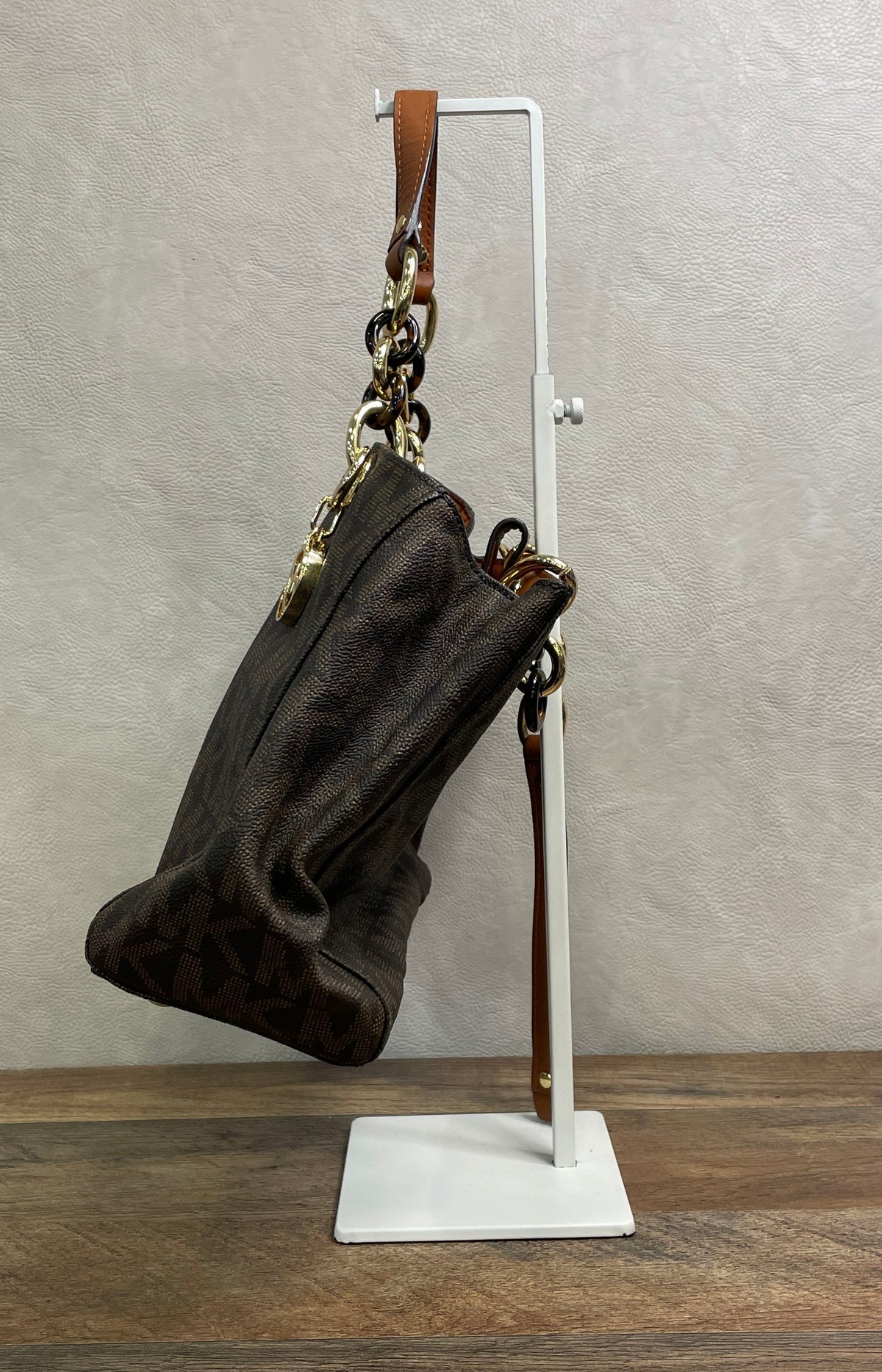 Michael Kors Cynthia Brown Monogram Chain Satchel Tote Crossbody Bag