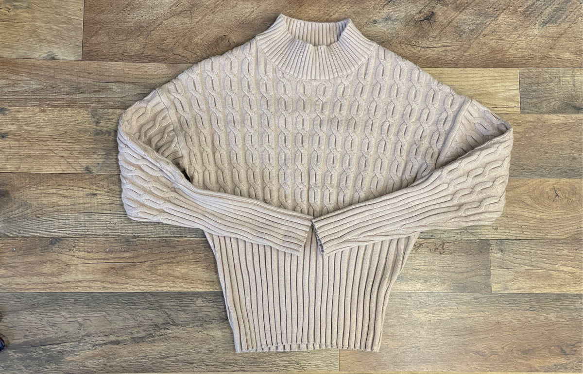 Jason Wu Women's Beige Cable Knit Mock Neck Long Sleeve Ribbed Sweater Sz S