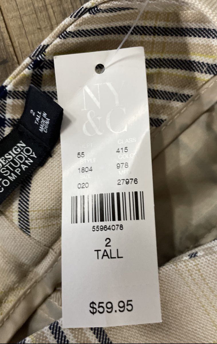 New York & Company Women's Beige Plaid Straight Leg Pants NWT Sz 2 Tall