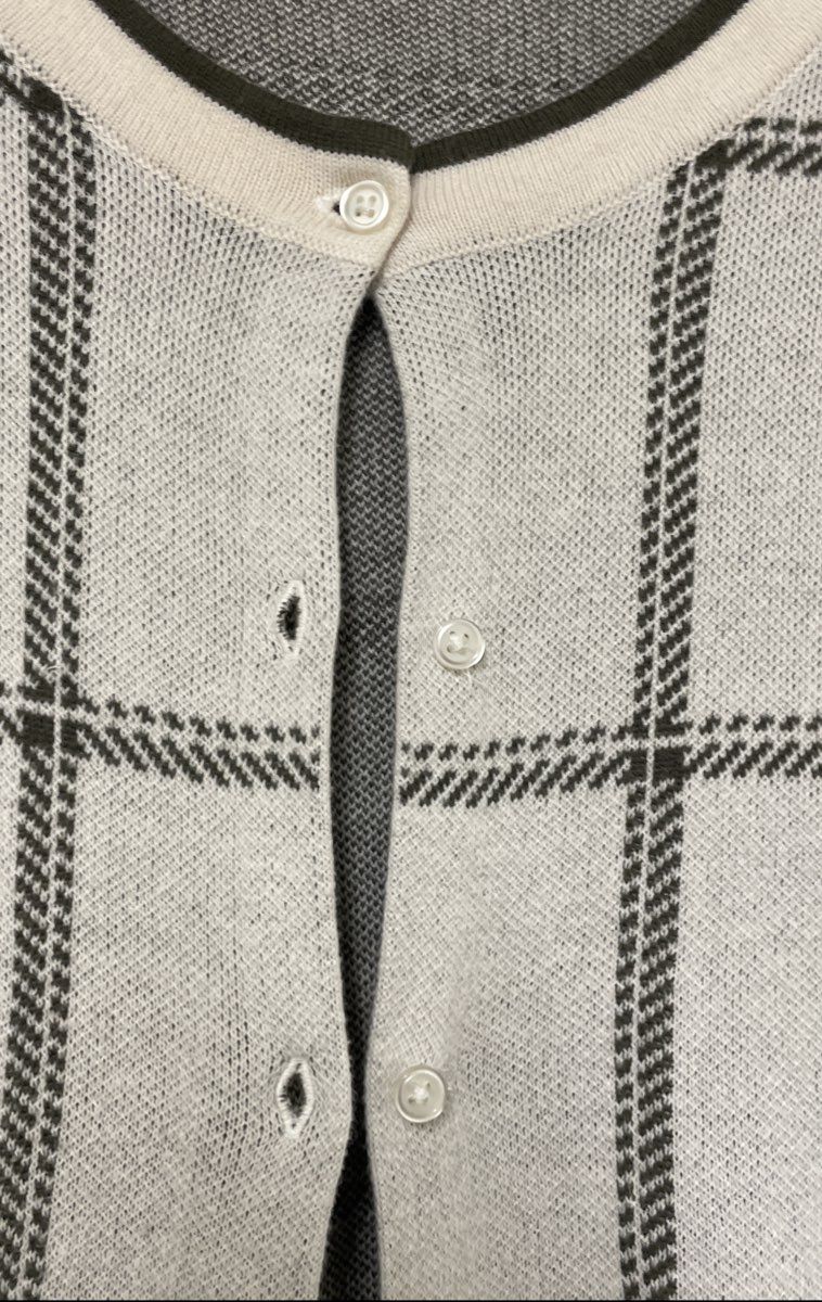 Ann Taylor Women's Cream Dark Green Windowpane Plaid Button Cardigan Sz XL