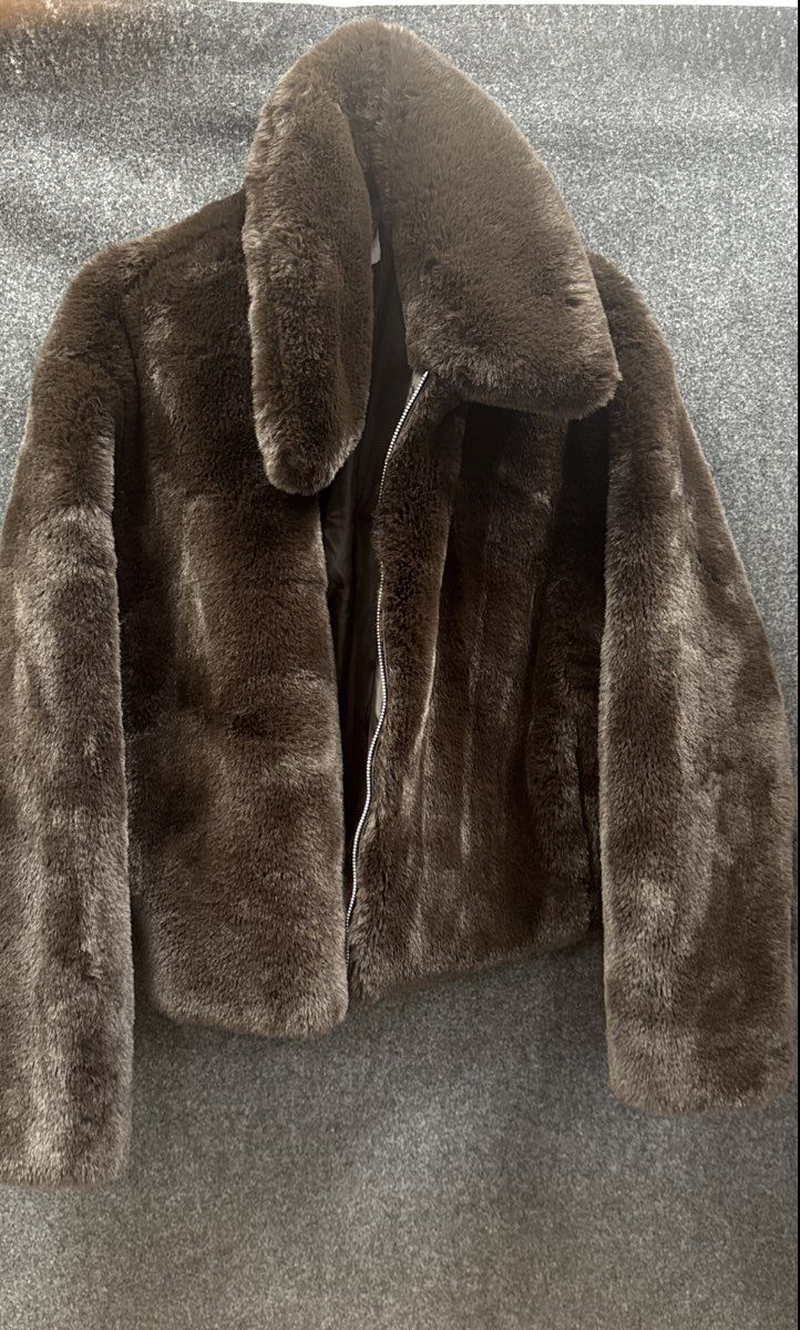 GAP Women's Brown Faux Fur Full Zip Jacket Oversized Collar Size M