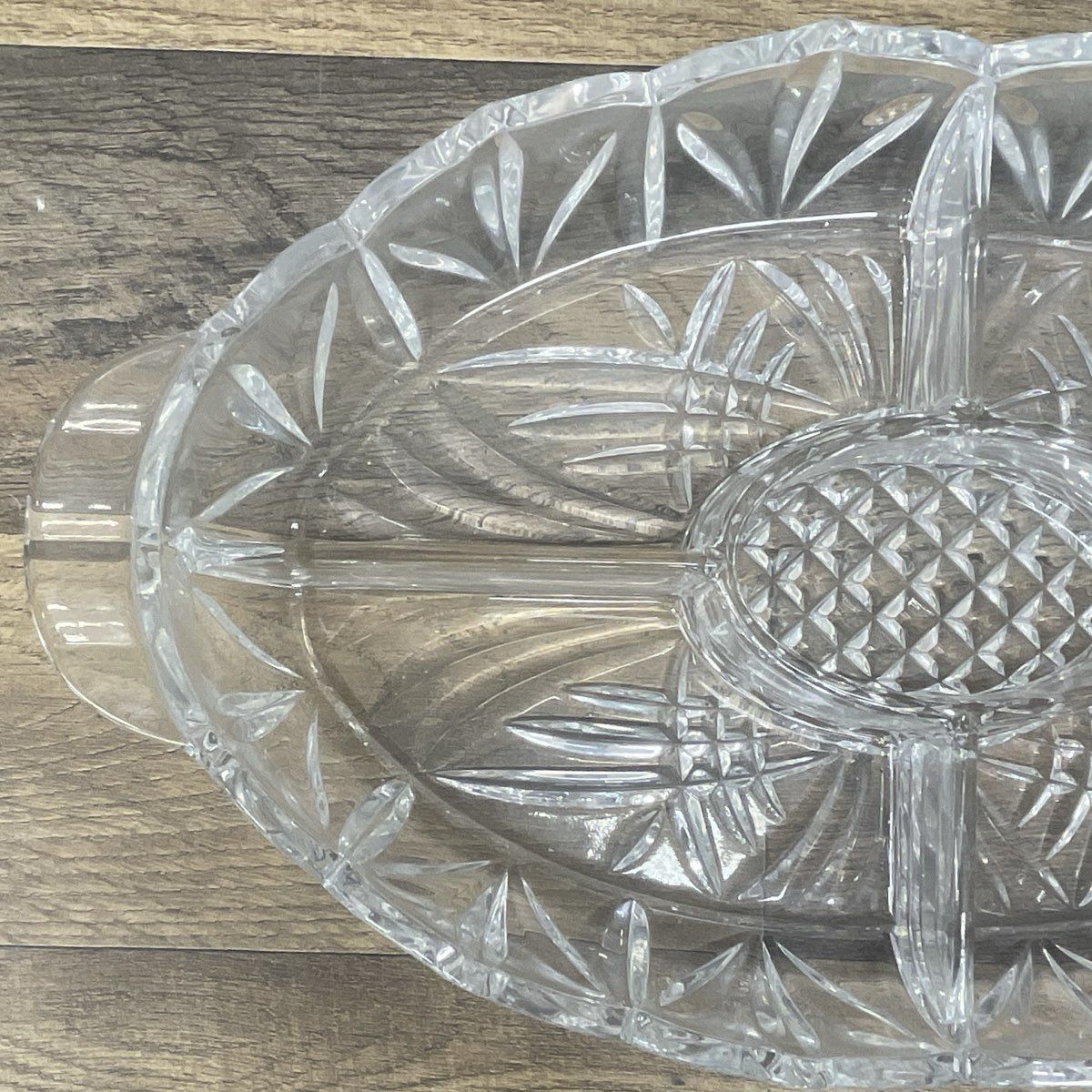 Pressed Glass Divided Relish Dish Starburst & Diamond Pattern Tray 16" Vintage