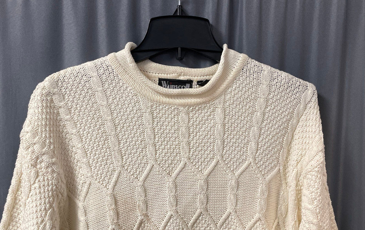 Wainscott Women's White Cable Knit Cotton Mock Neck High Low Hem Sweater Sz M