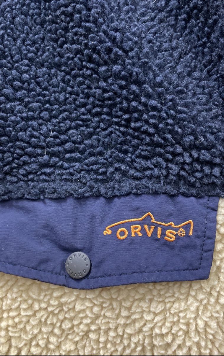 Orvis Men's Sherpa Pile Fleece Pullover Navy Blue Cream Colorblock Snap Neck XL