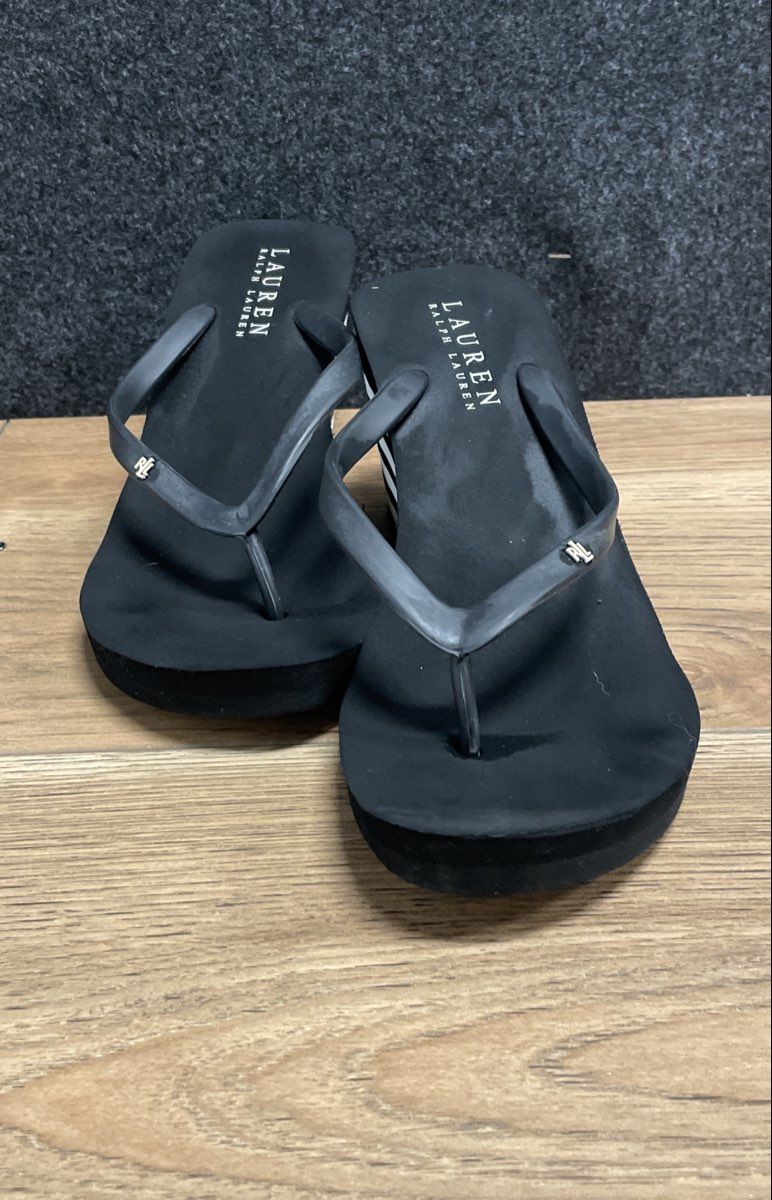Lauren Ralph Lauren Black White Striped Wedge Flip Flop Sandals Women's Size 9