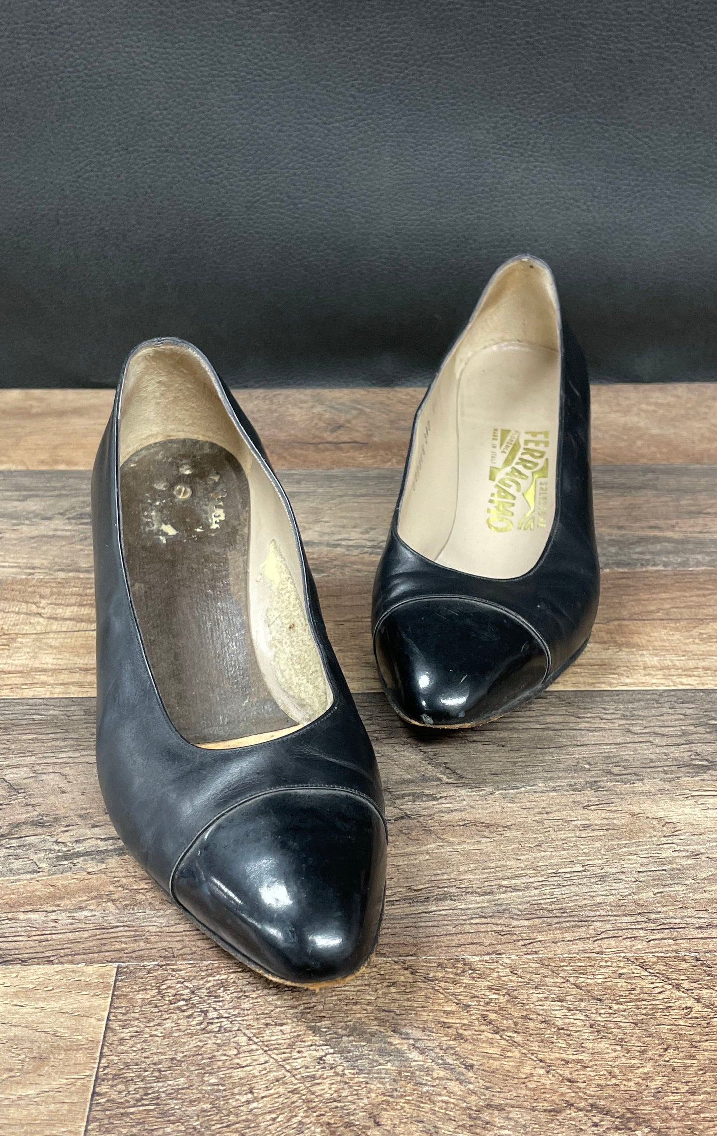 Salvatore Ferragamo Black Leather Patent Cap Toe Block Heel Pumps Size 7.5B