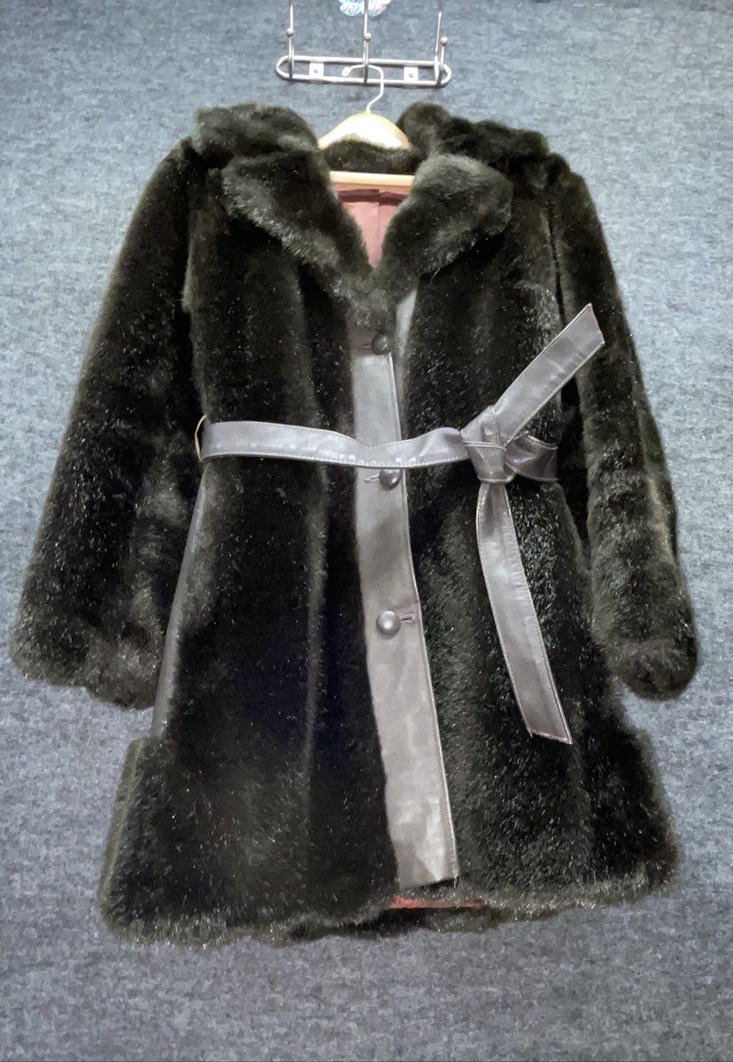 Vintage 80s Women's Dark Brown Faux Fur Belted Button Front Plush Coat Sz 16