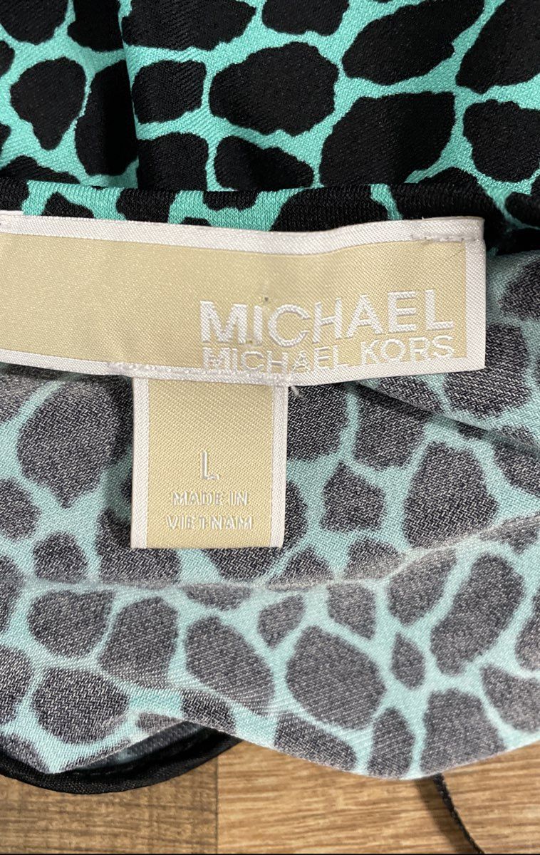 Michael Kors Women's Green Black Animal Print Fit & Flare Dress Short Sleeve L
