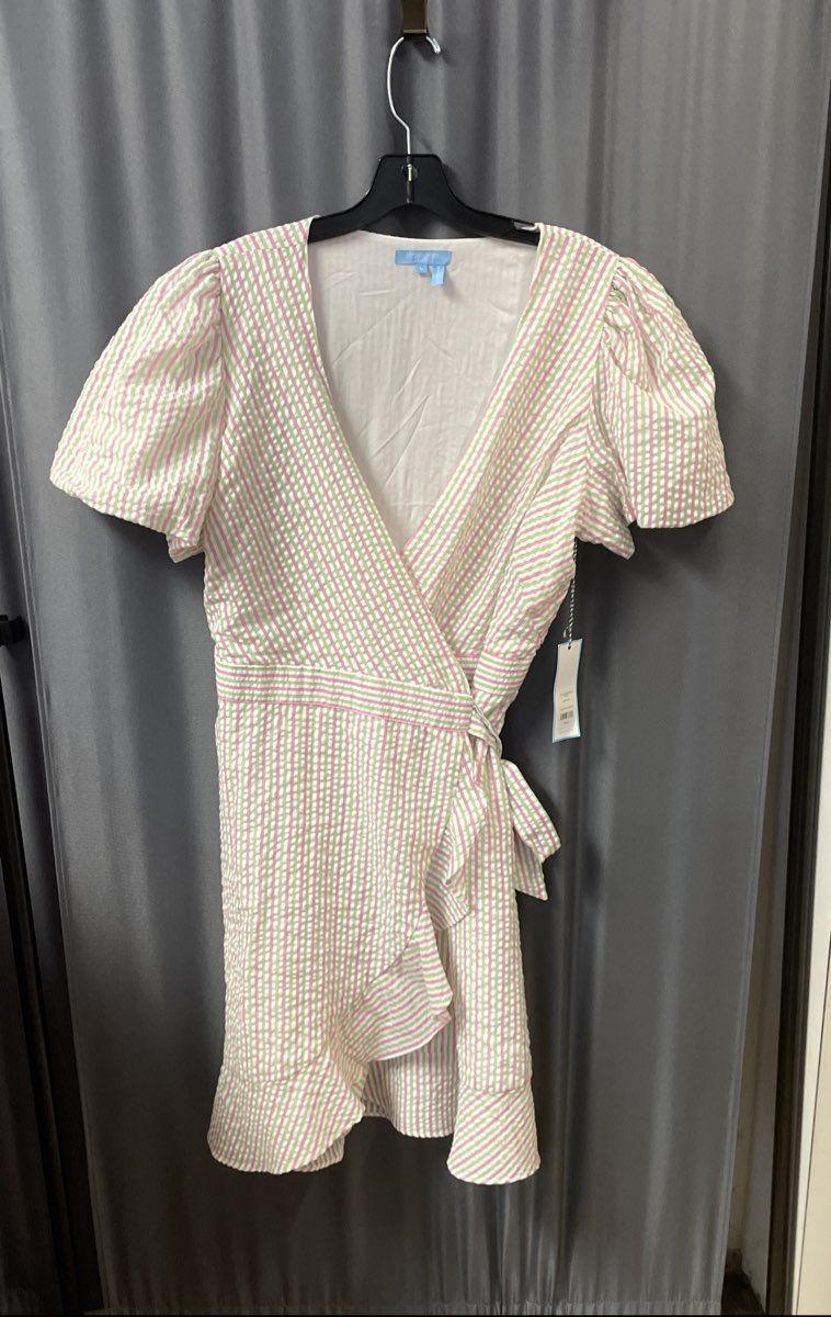 Draper James RSVP Pink Green Seersucker Puff Sleeve Wrap Dress Sz L NWT